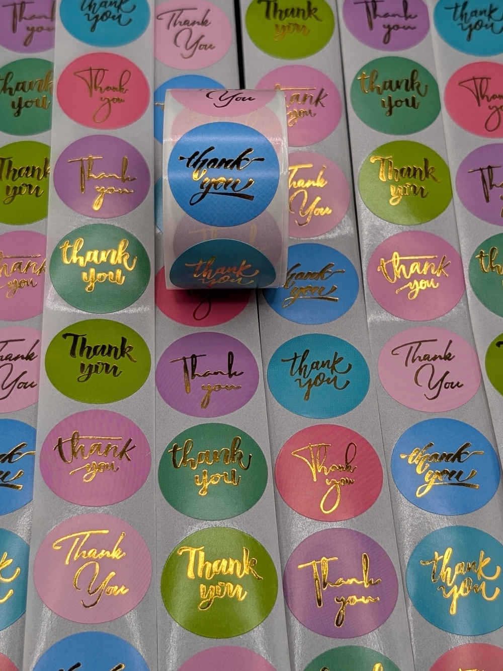 500 Count Thank You Sticker 1 Roll Multicolor Gold Foil Business Small Shipping